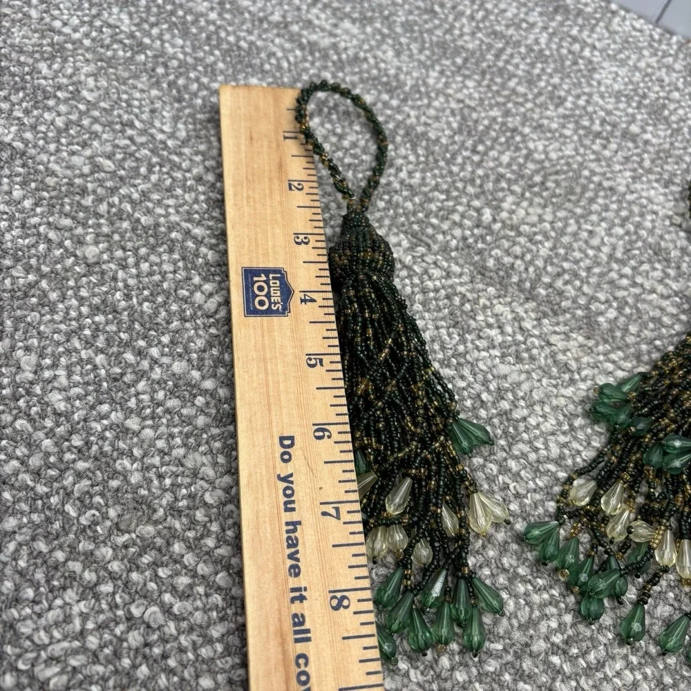 Beaded Curtain Tie Back Embellished Green Cream Brown Tones VTG Beautiful Home